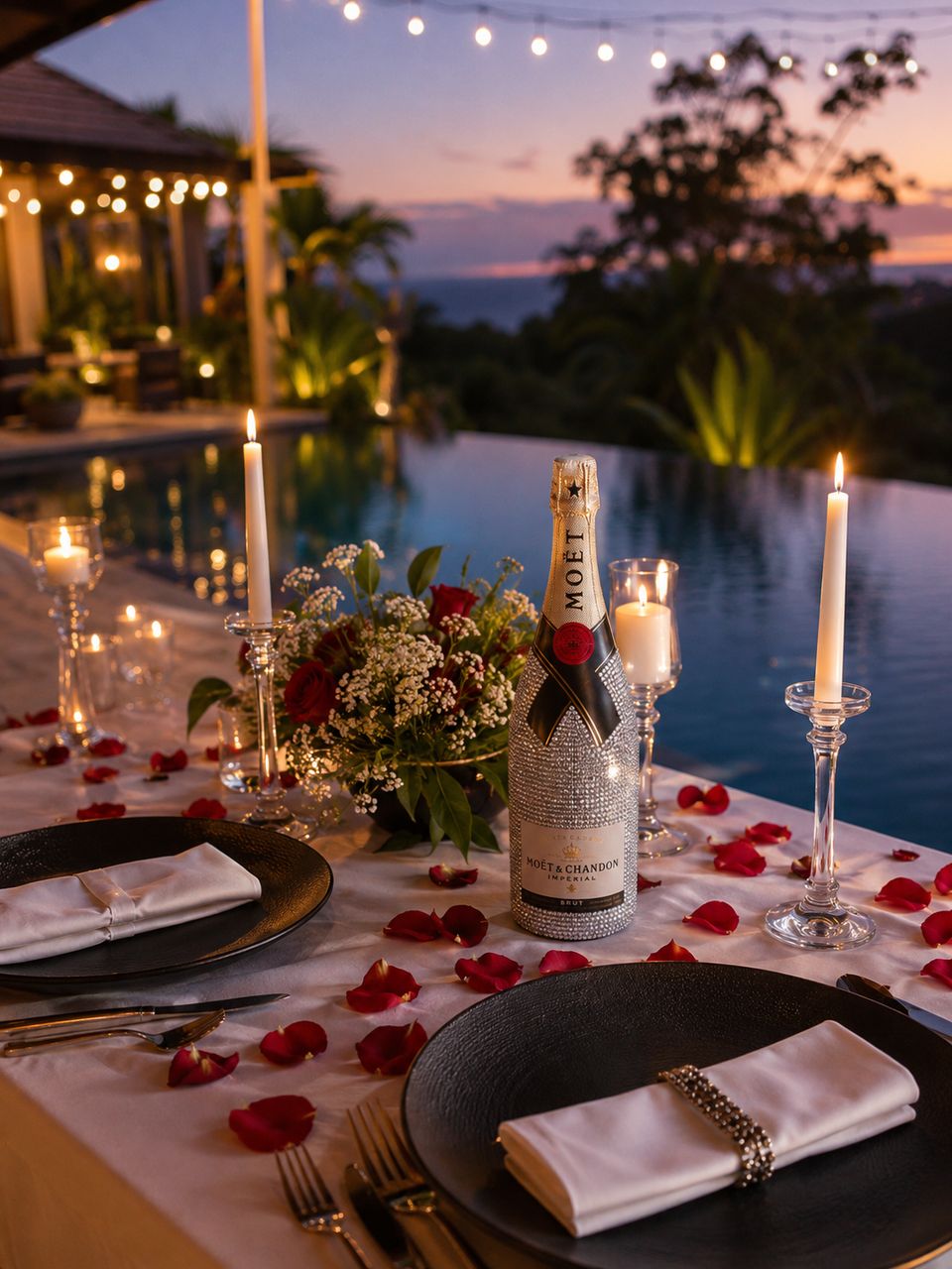 Champagne bottle covered in silver crystals on a candlelit dinner table scattered with red rose petals, beside an infinity pool at dusk