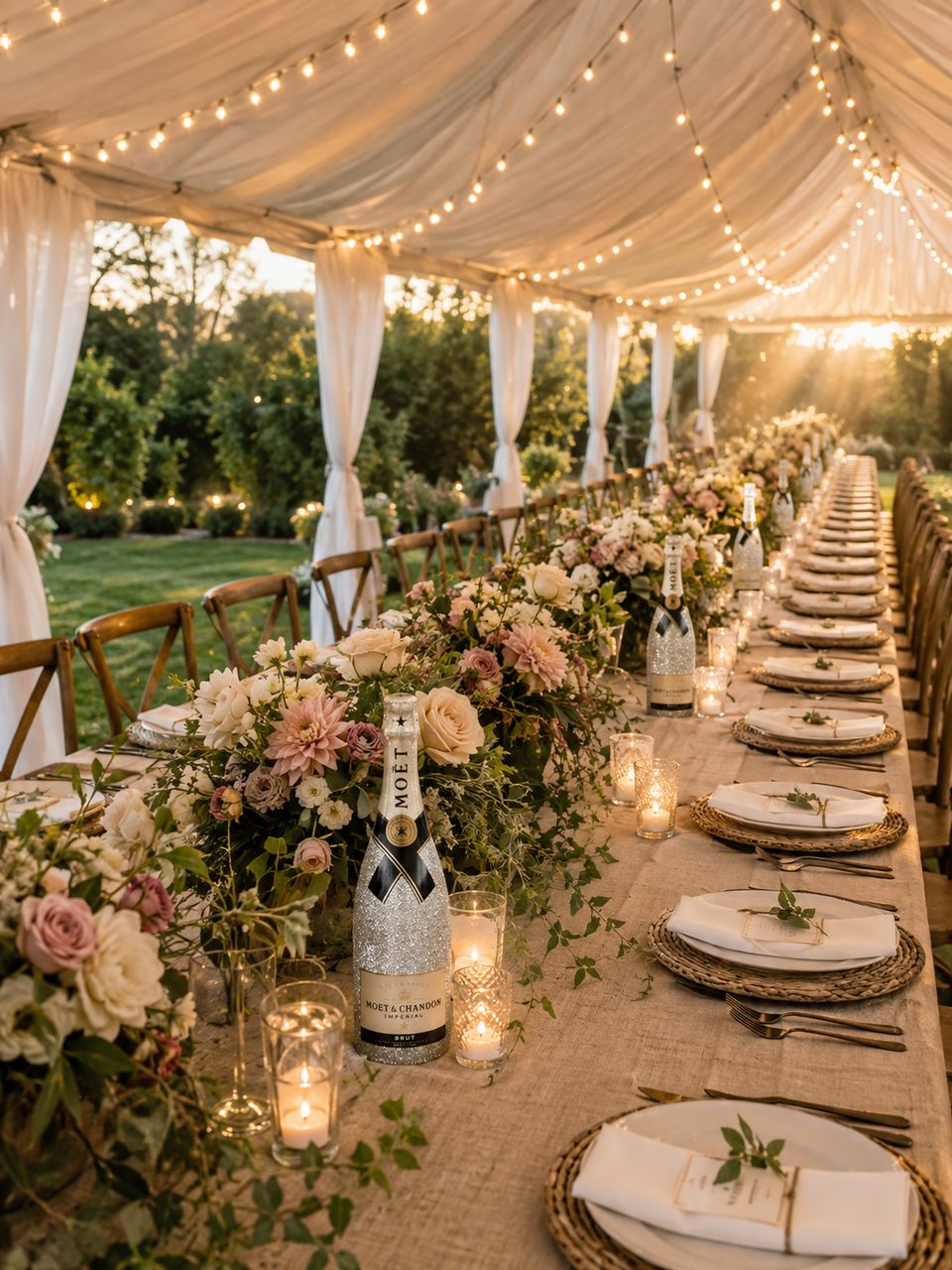 Long wedding table under a tent, set with flowers, candles and champagne bottles dressed in silver glitter